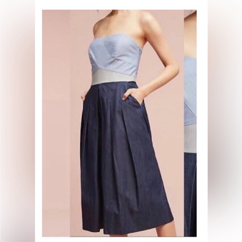 Anthropologie Strapless Light Blue Bodice with Navy Wide-Leg Jumpsuit